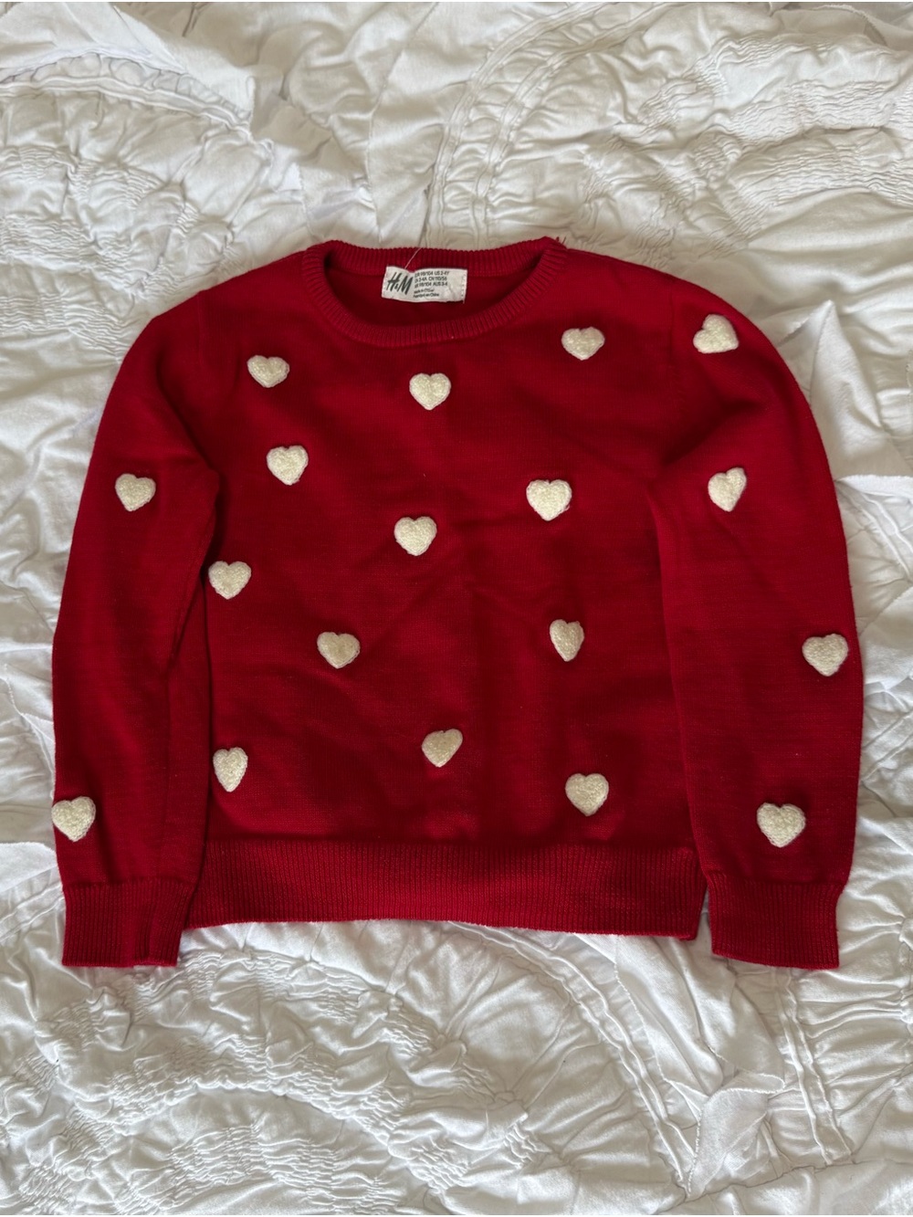 H&M Red Crewneck Sweater with Cream Heart Appliqués